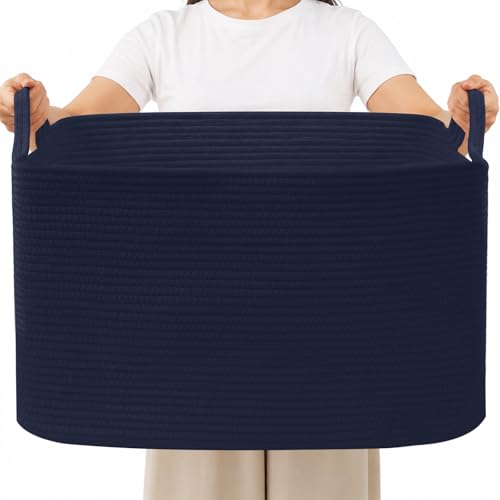 HZFTJOY 96L Woven Laundry Basket with Handles, Extra Blanket Basket,Navy