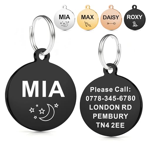 EDSG Personalised Dog Tags for Pets Engraved UK Cat Dog Name Tag Identify Tag for Pet Doggy Kitten Kitty Puppy Deep Engraved Scratch Resistant ID Tag Choice of Sizes & Colours & Shapes (Black Round)