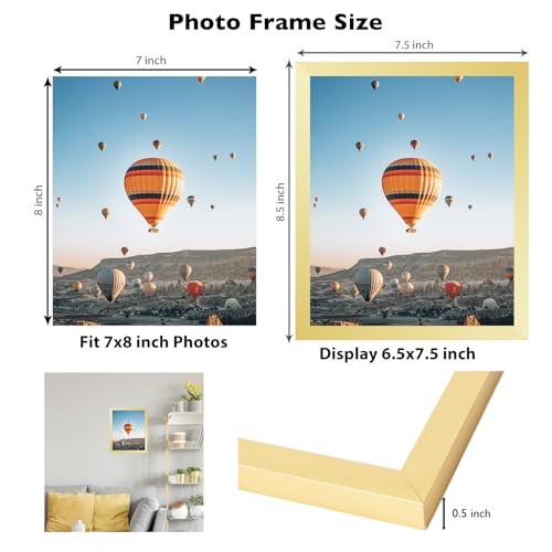Image of JCJMY 7x8 Picture Frame Gold for Wall Hanging or Tabletop, Wall Mounting Horizontally or Vertically, 7 x 8 Wall Gallery Poster Photo Frame with Shatter Resistant Plexiglass, Gold