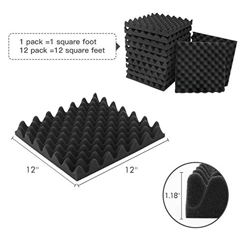 12 Pack-12X12X1.18 Inches Black Egg-Crate Acoustic Foam Panels,Studio Foam Panels Meant For Echo Absorption, Acoustic Panels For Home Office, Sound Absorbing Panels(12X12X1.18 Inches, Black) #TOP2