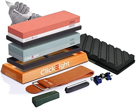 CLICKEIGHT Premium Sharpening Stone Kit - Knife Sharpener with Angle Guide and 4 Grit Options, Non-slip Bamboo Base, Leather Strop, and Honing Guide - Complete Sharpening Solution
