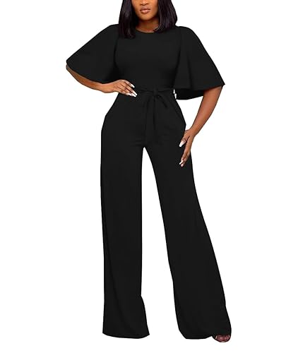 Womens Loose Short Sleeve Belted Wide Leg Pant Romper Jumpsuit