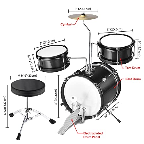 Aw 3-Piece Drum Set Kids Beginner 12" Drum Set 4 Piecesticks Throne Cymbal Bass Snare Seat Drumsticks & Seat Musical Instruments Beginner Sets Age 6-12 Black #TOP5