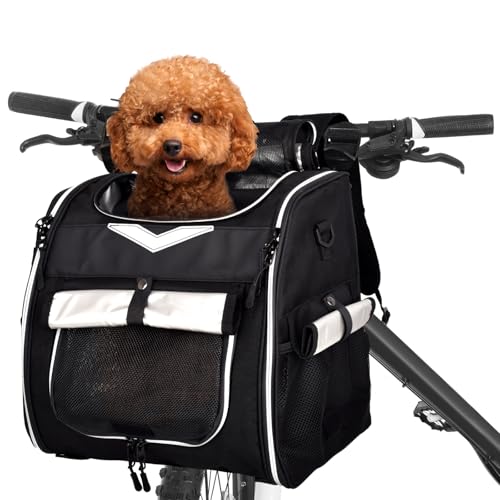 Dog Bike Basket Foldable Dog Bike Carrier Backpack Large Waterproof Dog Pet Bicycle Basket, Small Dog Cat Kitten Puppy Dog Booster Car Seat with Safety Strap （Black）