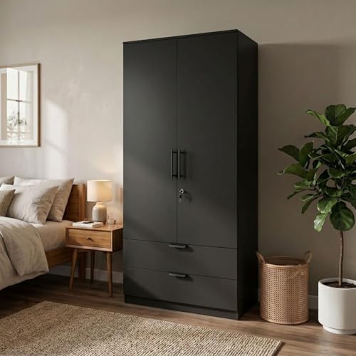 Image of FFO Keris 2 Door Wardrobe with 2 Drawers, Hanging Rod & Storage Shelves | Modern Clothes Almirah Cabinet with Lock & Black Handles for Home Black DIY.