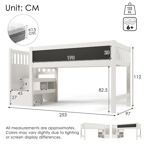 Merax Kinderbett Halbhochbett 90x200 cm, mit Whiteboard&Tafel für Kinder, Hochbett mit Treppe Staufach Stauraum-austauschbar, Lattenrost und Rausfallschutz, Ohne Matratze, Weiß/253x97x112cm