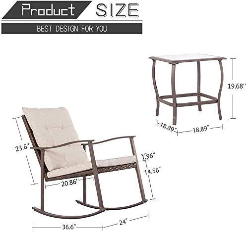 Solaura 3-Piece Patio Furniture Outdoor Rocking Chair Set Brown Wicker Patio Bistro Sets, Front Porch Furniture With Beige Cushion, Two Patio Chairs With High Backrest & Glass Coffee Table #TOP5