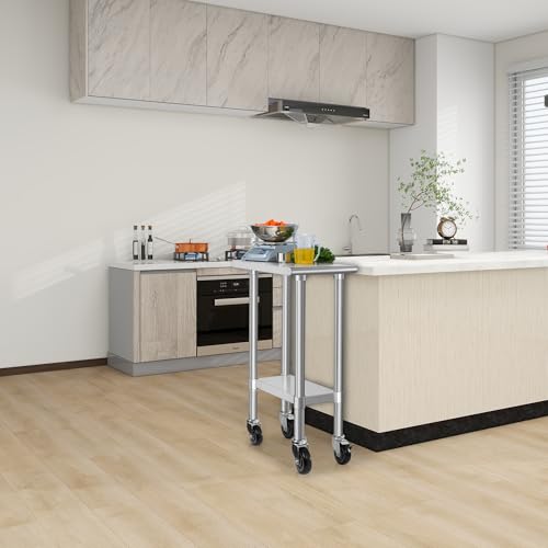 Image of HARDURA Stainless Steel Commercial Table Prep & Work Table with Casters Heavy Duty Metal Table with Wheels NSF 430 24x12 Inches