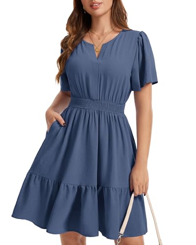 MFAVIP Womens 2026 Summer Casual Dress V Neck Ruffle Sleeve Elastic Waist A Line Flowy Boho Beach Vacation Sundress with Pockets A-Navy