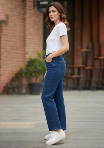 Image of KOTTY Women's High Waist Wide Leg Button Coin Pocket Straight Fit Jeans Stylish Regular to Plus Size Fit Denim Jeans for Women