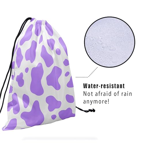Image of Nerxy White Purple Cow Print Animal Gym Bag - Gym Drawstring Bag for Women, 9.25 inch x 12 inch