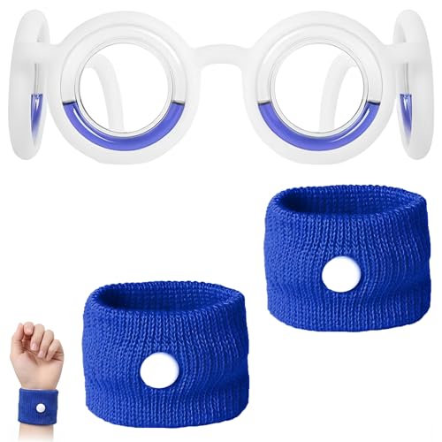 Occhiali Antinausea e Braccialetti Antinausea Blu per Adulti e Bambini – Kit Cinetosi per Auto, Nave, Aereo e Crociera