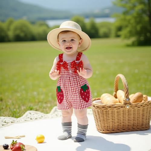 Baby Girls Plaid Shortall Sleeveless Strawberry Embroidery Smocked Romper Jumpsuit with Red Bows Summer Casual Overall2