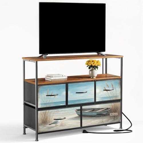 Dresser For 50 Inch Tv Entertainment Center Beach Nautical Boat Ocean Seagull Sea Bird Seashore Blue Wooden Grass Chest Of Drawers For Bedroom Living Room Closet Entryway Wooden Top