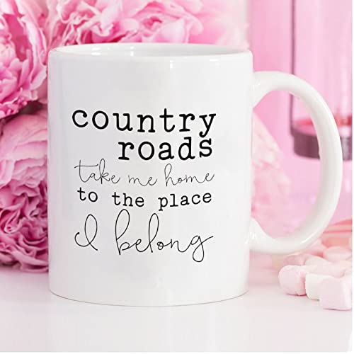 Taza de café divertida Country Roads Take Me Home Taza de café de cerámica Taza de café de 11 onzas, taza de té blanca regalo para mujeres y hombres Cover