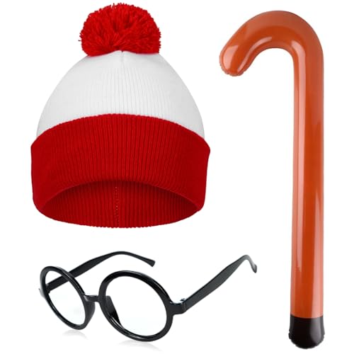 Clovilet 3 Pcs Red and White Stripe Costume Include Striped Hat Beanie Black Plastic Glasses and Cane for Halloween Book Day Party Dress Up