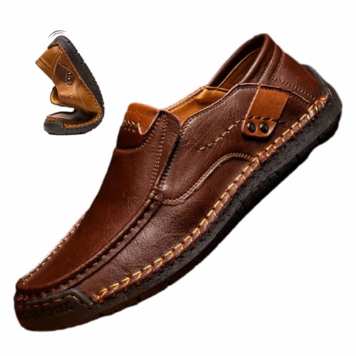 HESYSUAN Handgefertigte Herren-Slipper aus echtem Leder, lässig, atmungsaktiv, handgefertigt, Leder, leicht, bequem, Bootsschuhe (Dunkelbraun, 43 EU)