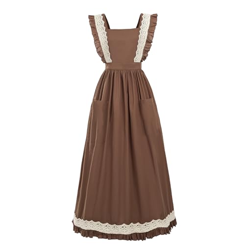 CR ROLECOS White Vintage Maid Ruffle Apron for Women Colonial Pioneer Peasant Apron Pinafore Adjustable Kitchen Gift, Brown New, Medium CR ROLECOS White Vintage Maid Ruffle Apron for Women Colonial Pioneer Peasant Apron Pinafore Adjustable Kitchen Gift, Brown New, Medium