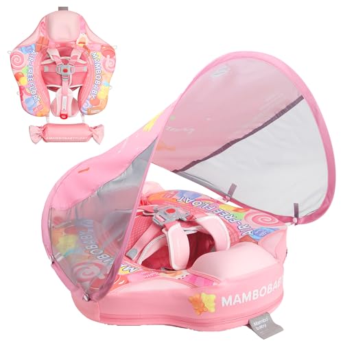 Image of Mambobaby Float with Canopy Removable Baby Swimming Pool Float Non Inflatable Baby Safety Float Upgraded Tail Soft Skin-Friendly Material Swim Float for Toddler Infant 3-24 Months, Candy