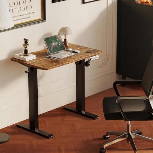 Image of YDN 32 inch Small Electric Standing Desk Adjustable Height, Sit Stand up Desk with Memory Presets & Cable Management, Home Office Desk for Office & Computer Workstation, Black Frame /Rustic Brown Top