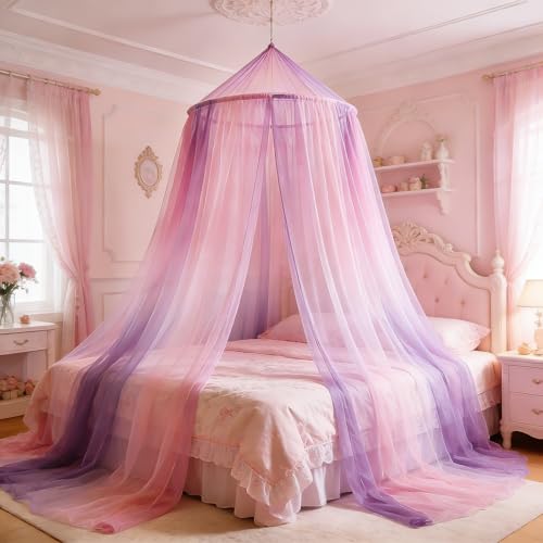 Leechand Mosquito Net Bed Canopy for Girls, Princess Bed Canopy Curtains Hanging Netting Bedroom Decor for Girls, Adults, Baby Crib, Dome Mosquito Netting Bed Tent Purple & Pink