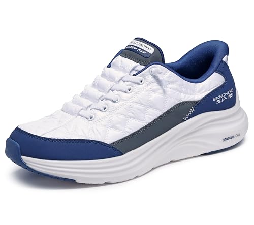 Skechers Men's Contour Foam Cozy Fit Hands Free Slip-in Sneaker,White/Navy,10.5
