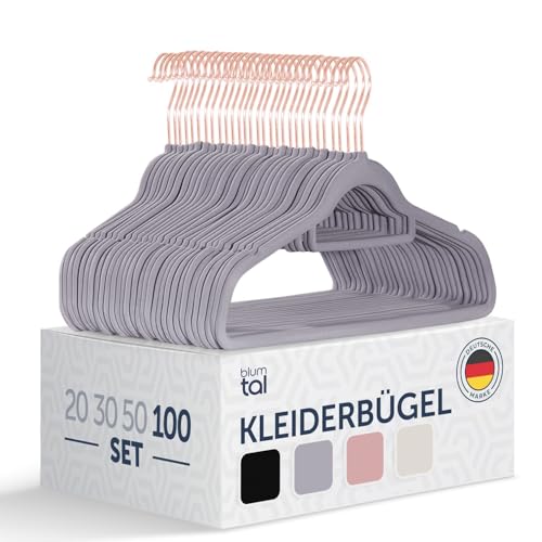 Blumtal Kleiderbügel 100 Stück ohne Clips - Kleiderbügel Samt 360 drehbar und belastbar - Ultra platzsparend und rutschfest - Hangers - Samtbügel Rosegold/Grau