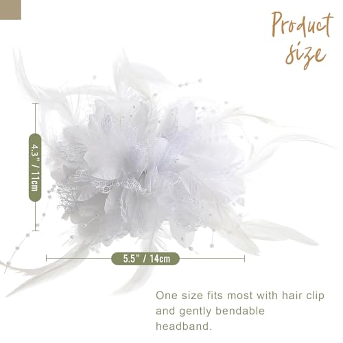 Image of DRESHOW Womens Fascinators Hats Tea Party Hats for Women Pearl Lace Feather Hat Vintage Derby Hats for Wedding Cocktail