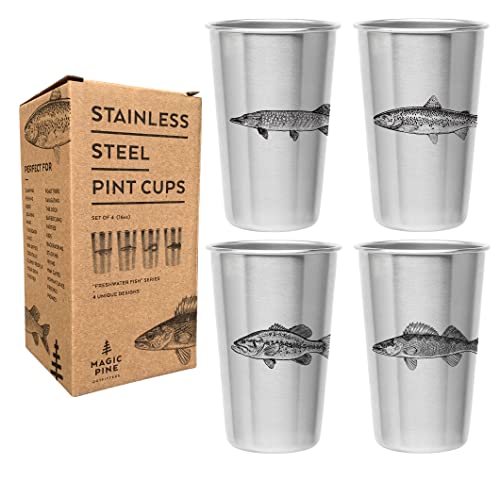 Freshwater Fish (Set Of 4) Stainless Steel Pint Cups - Unique Gift For Guys - Tumblers For Home, Travel, Camping, Camper, Office, A Birthday Gift For Men - Durable Glasses Or Mugs #TOP2