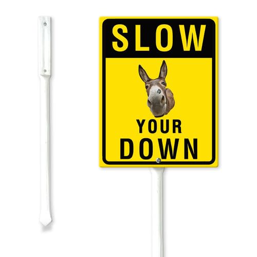 Geroclonup Slow Your Down Yard Sign Donkey Sign 11.5x15cm Sturdy Aluminum Yard Signs Rust Free Garden Decorations Rustproof Funny Slow Down Signs for Neighborhood Road