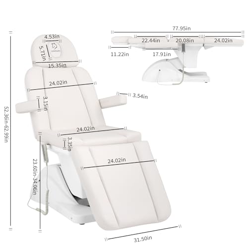 LUXMARS Electric Tattoo Chair Height Adjustable Facial Chair Electric Adjustable Angle Lash Bed with Hydraulic Stool Equipment Massage Chair with 3 Adjustable Electrical Motors- White