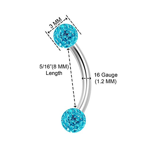 2Pcs Surgical Steel Curved Barbell Ring 16G 5/16 8Mm 3Mm Aquamarine Crystal Ball Lobe Earrings Eyebrow Piercing Jewelry 2127 #TOP1