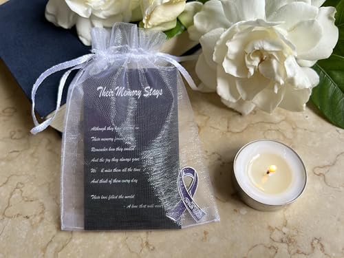 Image of 60 Set Funeral Ribbon Pins Memorial Pin Forever in Our Hearts Lapel Pin Remembrance Brooch with Prayer Cards & Organza Bags