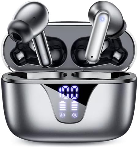 Nequga Wireless Earbuds Bluetooth Headphones, 50H Playtime Ear Buds with Mic, LED Digital Display Charging Case, IPX7 Waterproof, Deep Bass Stereo, in-Ear Earphone for iPhone Andriod Phone - Slate