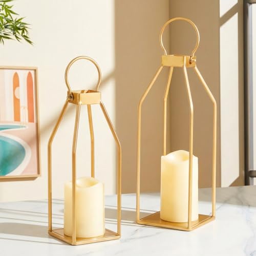 Perfnique Modern Farmhouse Lantern Decor, 15'' 12.6'' Set of 2 Gold Metal Lanterns, 2 LED 6hr Timer Flameless Candles ＆ Remote Timer, Lanterns Decorative for Outdoor, Porch, Fireplace, Patio by PERFNIQUE - Used condition - US$21.75