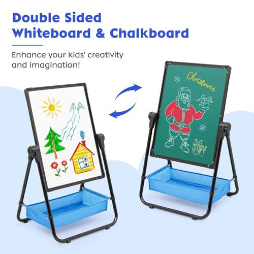 Maycoly Kinder Staffelei Malerei Doppelseitige Tafel für Kinder mit Kreidetafel & Whiteboard 360 drehbare Höhenverstellbar Standtafel mit Zubehör für Jungen Mädchen ab 3 Jahre, Schwarz
