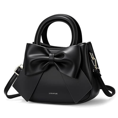DIRRONA Damen Handtasche Schultertasche & Umhängetasche – Elegante PU Leder Tasche mit süßer Schleife, abnehmbarem Schulterriemen, ideal für Arbeit, Reise & Alltag Klassisches Schwarz
