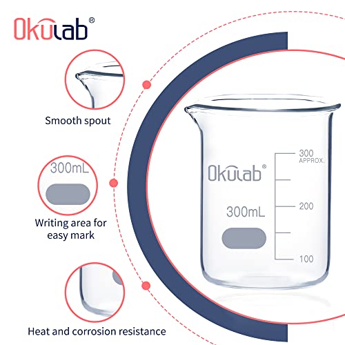 Okulab 300mL Glass Beaker, Low Form Beakers, Graduated 3.3 Borosilicate Glass Beaker Set (case of 6) for Lab, Classroom, Craft, Kitchen,BKLG300A6