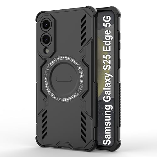 Image of amazon basics Back Case Cover for Samsung Galaxy S25 Edge 5G | Magnetic Case with Built-in Metal Ring | Supports Mag-Safe Charger, Wallet & Car Mount | Shockproof Hybrid PC + TPU | Black
