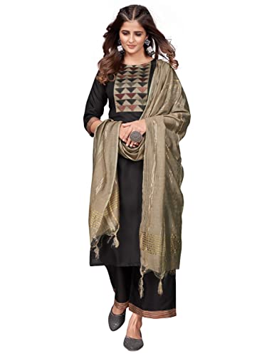 Image of Vbuyz Women's Cotton Blend Solid Straight Stitched Kurta Palazzo with Dupatta (VF-KU-1882-SKD-40 Black Large)