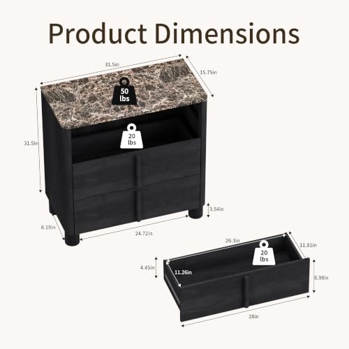 Image of 31.5 inch Wide 3 Drawer Dressers Set of 2, Faux Marble & Wood Storage Cabinet, Modern Curved Accent Chest with Rounded Wood Handles for Bedroom, Living Room & Entryway, Black