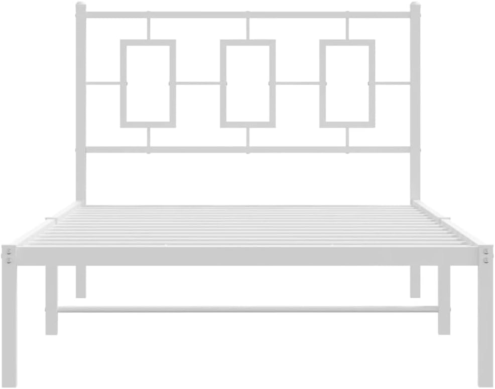vidaXL White Metal Single Bed Frame with Headboard - Modern Bedroom Furniture, Steel Guest Bed Frame for Superior Support, 81.5x41.3x35.8 in