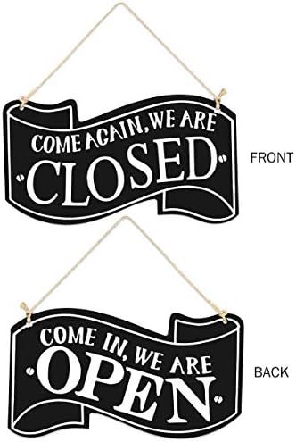 VOSAREA Wooden Open and Closed Two Sided Sign with Rope for Hanging Vintage Business Sign (Black)