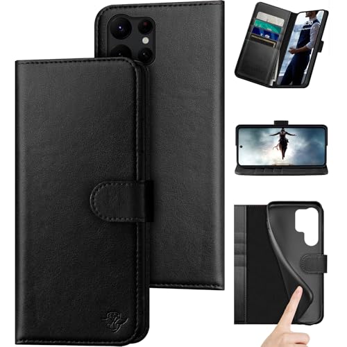Compatible with Samsung Galaxy S25 Ultra Genuine Leather Wallet caseRFID Blocking4 Credit Card HolderReal Leather Flip Folio Book Phone case Cover Women Men for S25 Ultra case Black