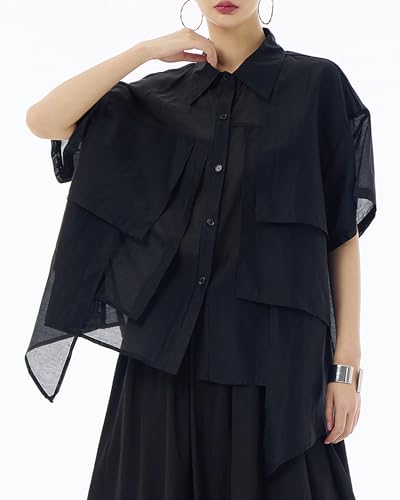ellazhu Women's Shirt Button Down Short Sleeve See Through Lapel Patchwork Solid Color Sheer Loose Summer GE143