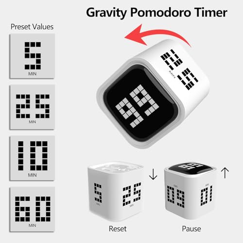 Image of Rotating Focus Timer, 5 /25 /10 /60-Minute Pomodoro Timer, Desk Flip Countdown with Vibration & Volume Control, ADHD-Friendly Tool for Office, Study, and Kitchen (White)