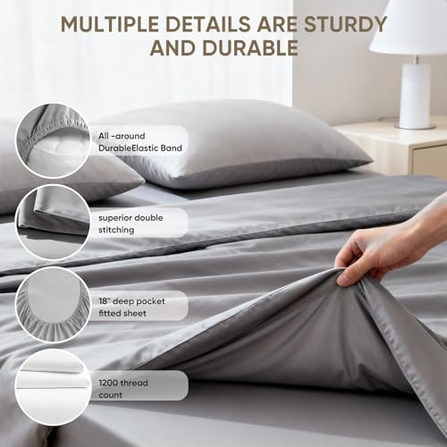 Image of TWK 1200 Thread Count 100% Egyptian Cotton Bed Sheets Set, Heavy-Duty Thickness, Long-Lasting Durability, Pilling Resistant, 18 Inch Max Deep Pockets (Gray, Full)