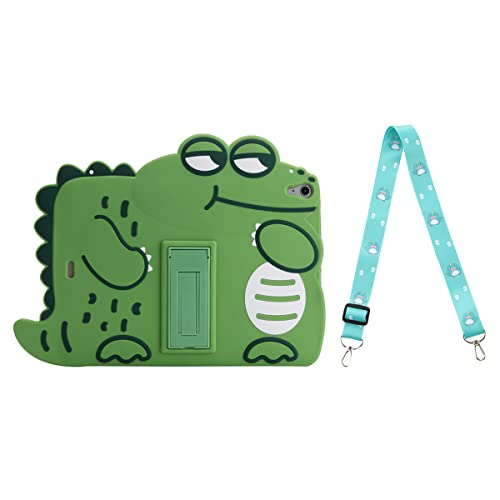 3D Cute Crocodile Case for iPad 9th/8th/7th Generation (2021/2020/2019) 10.2 inch with Strap,Kawaii Cartoon Green Crocodile Soft Silicone Case with Kickstand for Kids Teens Boys Girls Women