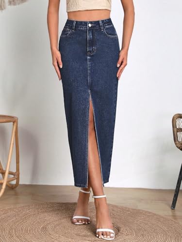 Image of Shasmi Women's Elegant Blue Solid High Waist Split Thigh Denim Maxi Skirt for Women's & Girl's (Skirt 180)