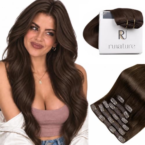RUNATURE 18 Inch Real Hair Extensions Clip ins Brown 120g 7Pcs #4